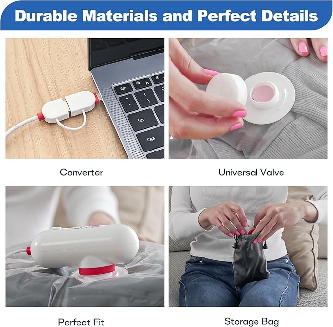 VMstr Vacuum Seal Bags for Clothing Travel, Vacuum Storage Bags with USB Electric Pump, Compression Space Saver for Luggage Suitcase 6 Combo Bags + USB Pump