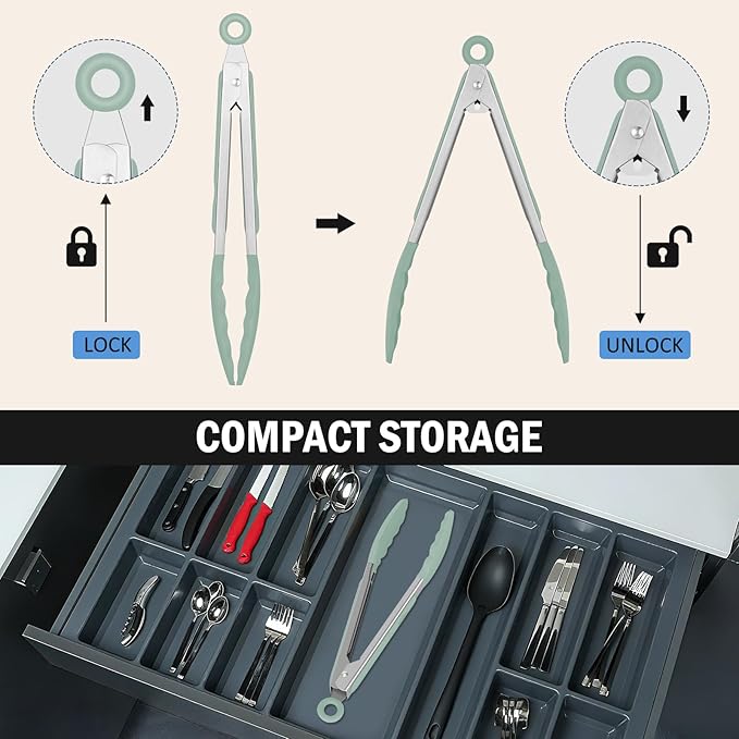 EEKEDO Tongs for Cooking, Stainless Steel Kitchen Tongs with Silicone Tips
