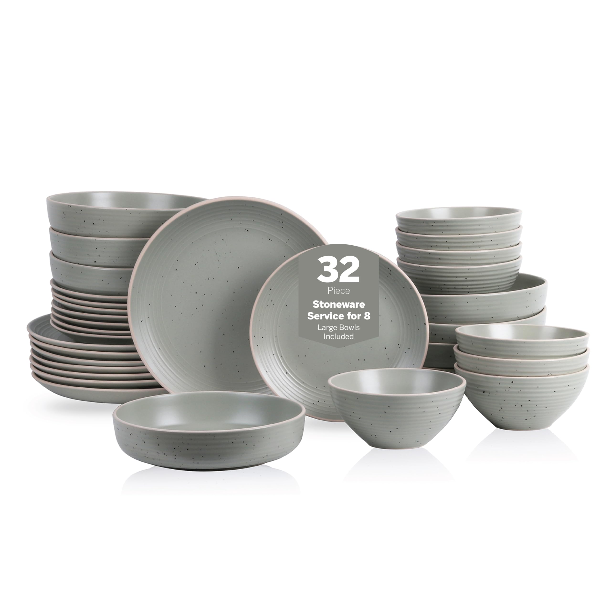 Stone Lain Lauren Stoneware, Rustic Plates and Bowls Set, Dinnerware, Service for 8, Speckled Green, Dishwasher & Microwave Safe, 32-Piece