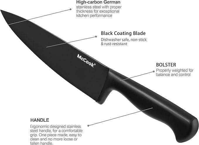 McCook® Premium Black Knife Sets,German Stainless Steel Kitchen Knives Block Set with Built-in Sharpener, 20-Piece Razor-Sharp Kitchen Knives with Ergonomic Handles, Elegant Box for Gift, Black