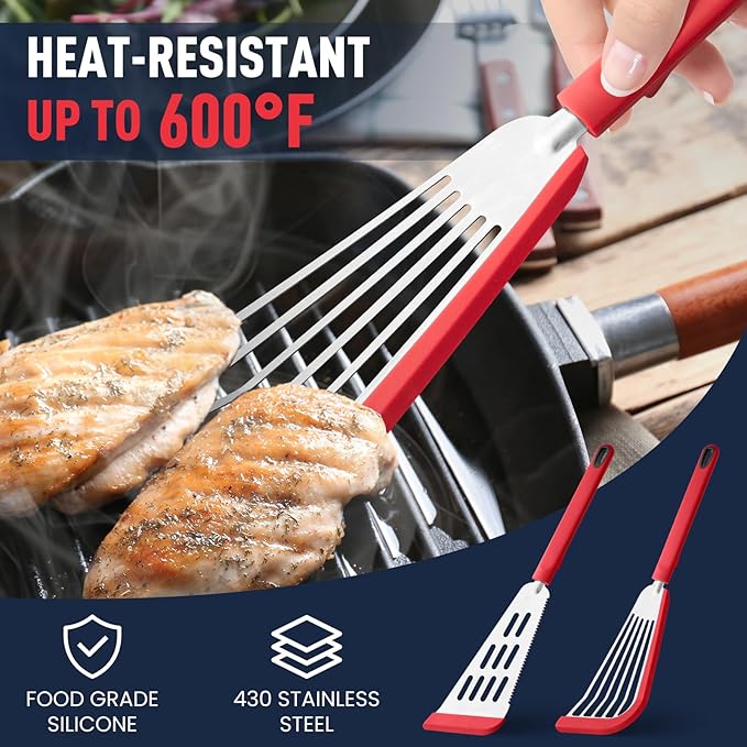 2-Piece Silicone Fish Spatula for Nonstick Cookware,Thin Slotted Turner,Red