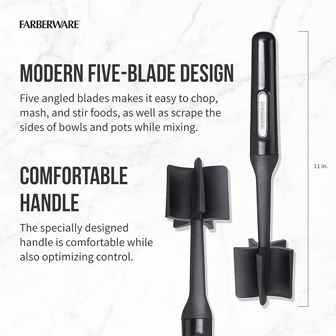 Farberware Meat Masher and Chopper Tool with 5 Beveled Blades - Ground Beef Chopper, Potato Masher, Batter Stirrer - Heat Resistant to 450 F, Dishwasher Safe