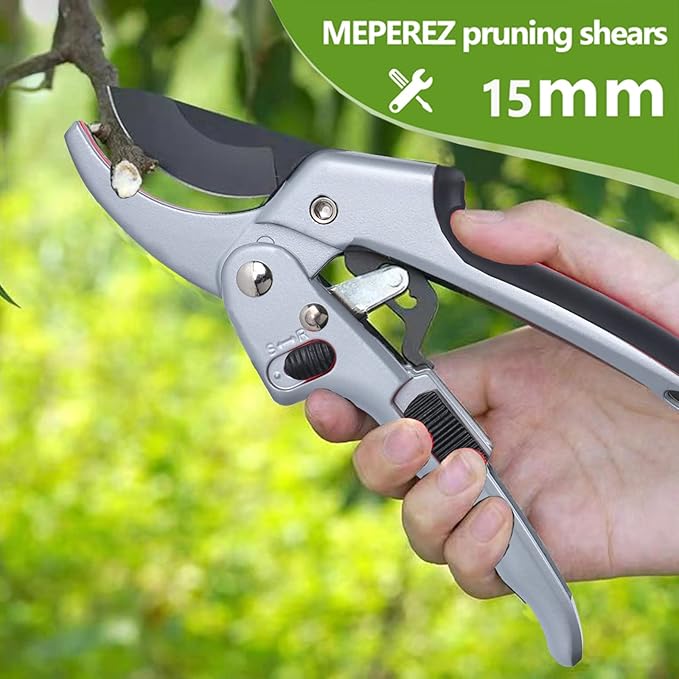 MEPEREZ Garden clippers, premium Germany pruners, Work 3 times easier, professional ratchet pruning shears, cutting rose, flower, hedge, stem, tree, Sharp gardening scissors, Arthritis weak hand snips