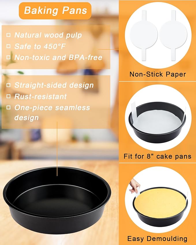 8" Round Cake Pan Set (3-Pack) with100 Parchment Papers,Non-Stick Layer Pan