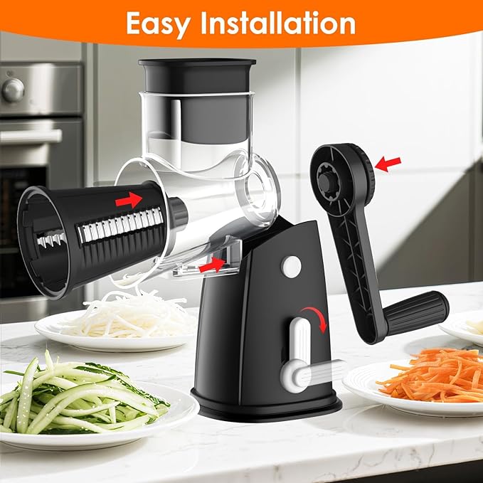 MealHelper 5 Blade Rotary Cheese Grater and Vegetable Chopper with Storage Box and Hand Crank, Compact Shredder for Cheeses, Veggies, Nuts - Easy to Use, Non-slip Suction Base,Black