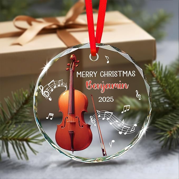 Cello Christmas Tree Glass Ornament, Personalized Text & Name Cello Musical Instrument Xmas Ornament Gifts for Musical Lover, Cellist Christmas Ornaments 2026, Custom Instrument Player Glass Keepsake