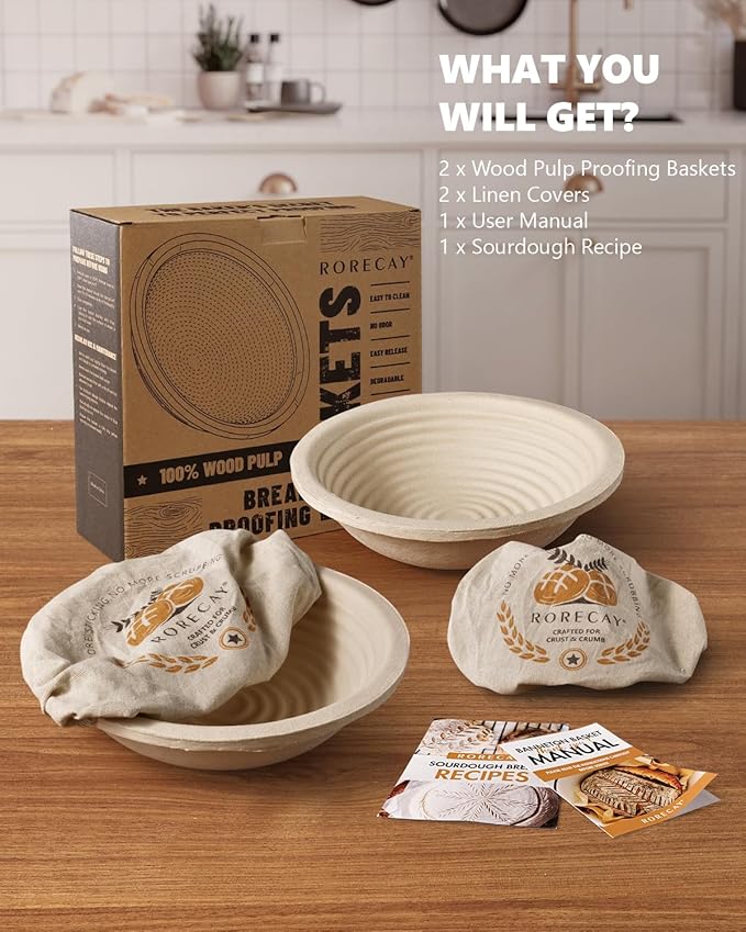 Rorecay Wood Pulp Banneton Bread Proofing Baskets, Set of 2, 9 Inch Round