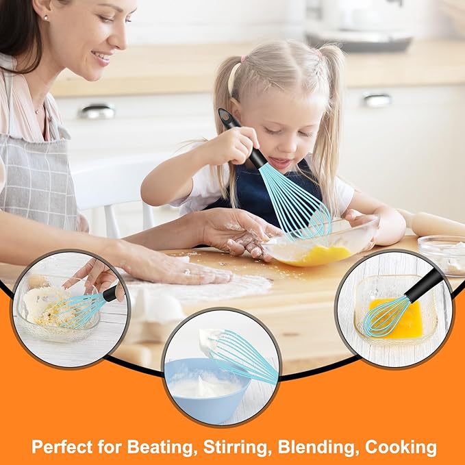 HOTEC 4 Pieces Silicone Whisks Set, Wire Balloon Whisks for cooking Egg Beater, Non-slip Handle Whisk for Non-stick Cookware Perfect for Cooking, Stirring, Beating and Blending,Blue