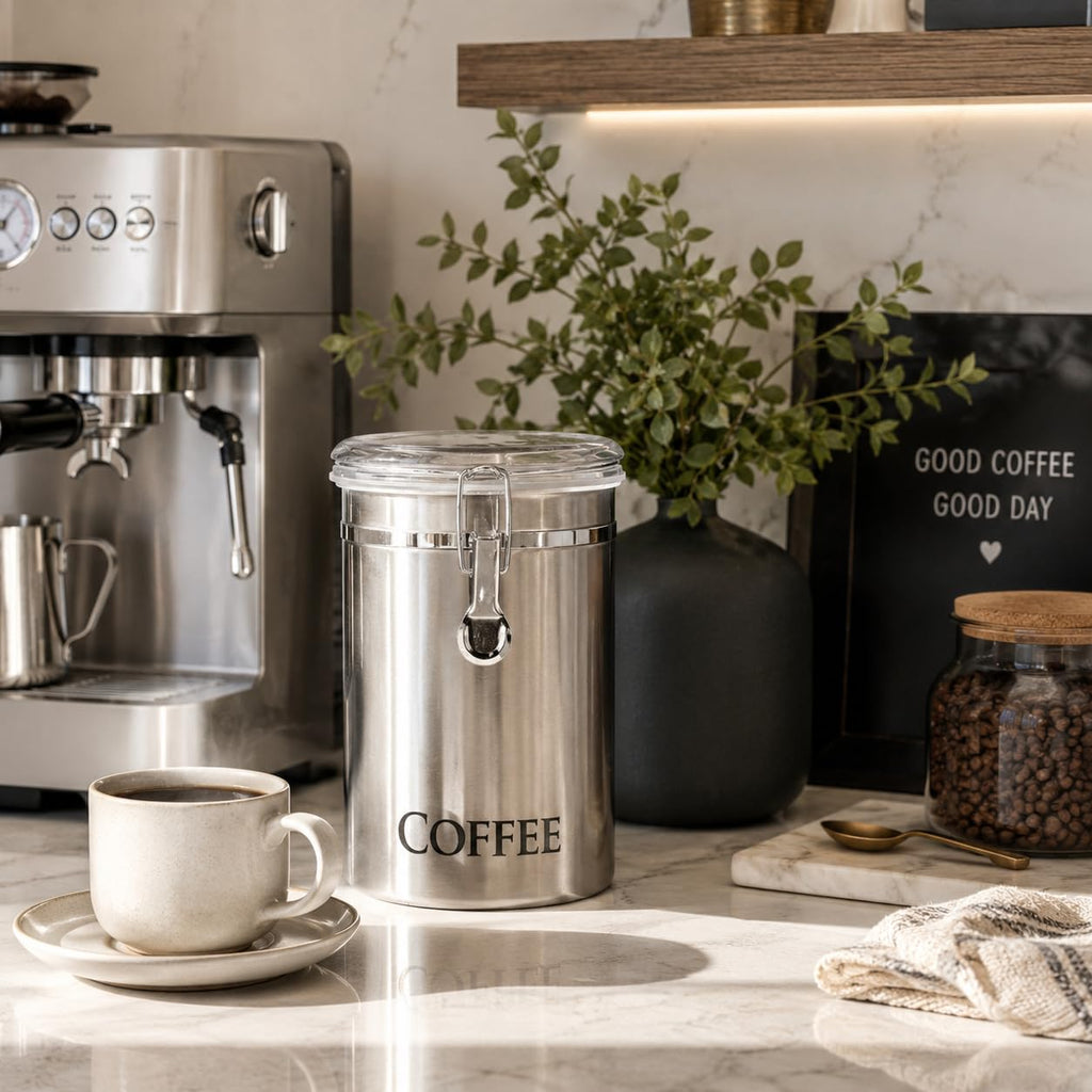 Oggi Stainless Steel Coffee Canister 62 fl oz - Airtight Clamp Lid, Clear See-Thru Top - Ideal for Coffee Bean Storage, Ground Coffee Storage, Kitchen Storage, Pantry Storage. Large Size 5" x 7.5".
