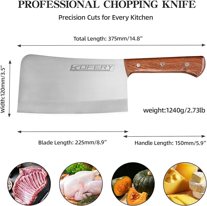 KOFERY 8.7-Inch Heavy Duty Meat Cleaver, Professional Butcher Knife and Large Bone Cutter, 7.5mm Thick Spine Full Tang Stainless Steel with Rosewood Handle, Commercial Chopping