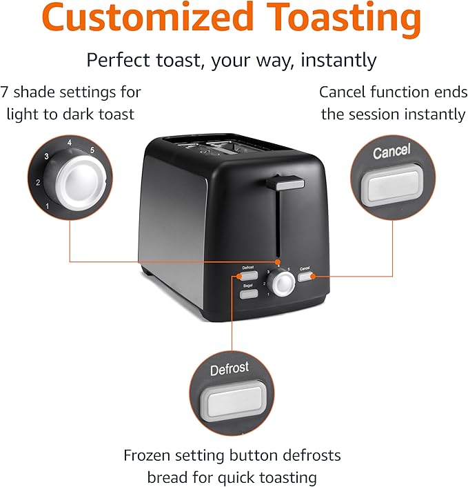 Amazon Basics 2 Slice Toaster, Extra Wide Slots for Bagels and Specialty Breads, 7 Browning Levels, Removable Crumb Tray, Defrost/Cancel/Bagel Buttons, 800W, Black & Silver