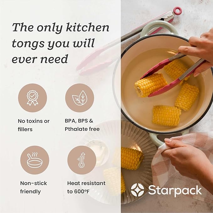 Starpack Get a Grip Silicone Kitchen Tongs (2-Pack, 9" + 12") - LFGB Non Toxic, 600°F Heat Resistant, BPA-Free - Heavy-Duty Stainless Steel, Locking - Dishwasher Safe for Nonstick Cookware