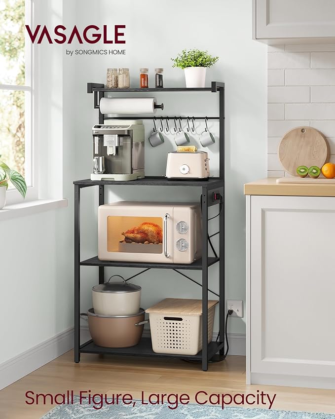 VASAGLE BARNET Collection - Kitchen Bakers Rack with Power Outlet, 23.6-Inch Wide Coffee Bar 4-Tier with 8 S Hooks, Modern Microwave Stand, Adjustable Shelf, Charcoal Gray and Ink Black UKKS014B01V1