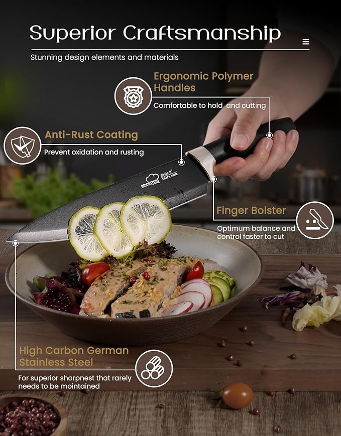 Amorston Knife Set 15 Piece Kitchen Knife Set with Block