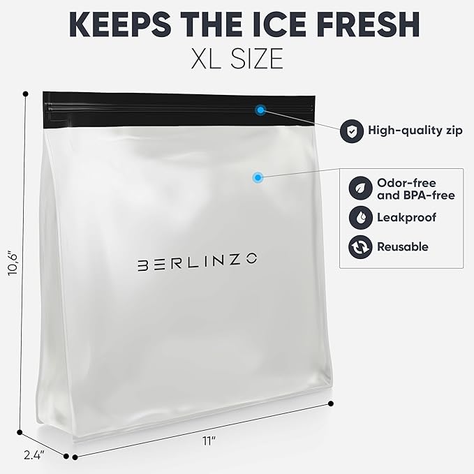 BERLINZO Large Reusable Ice Storage Bag - Freezer Safe Leak Proof Lunch Bag for Ice and Food Storage - BPA-Free XL Size