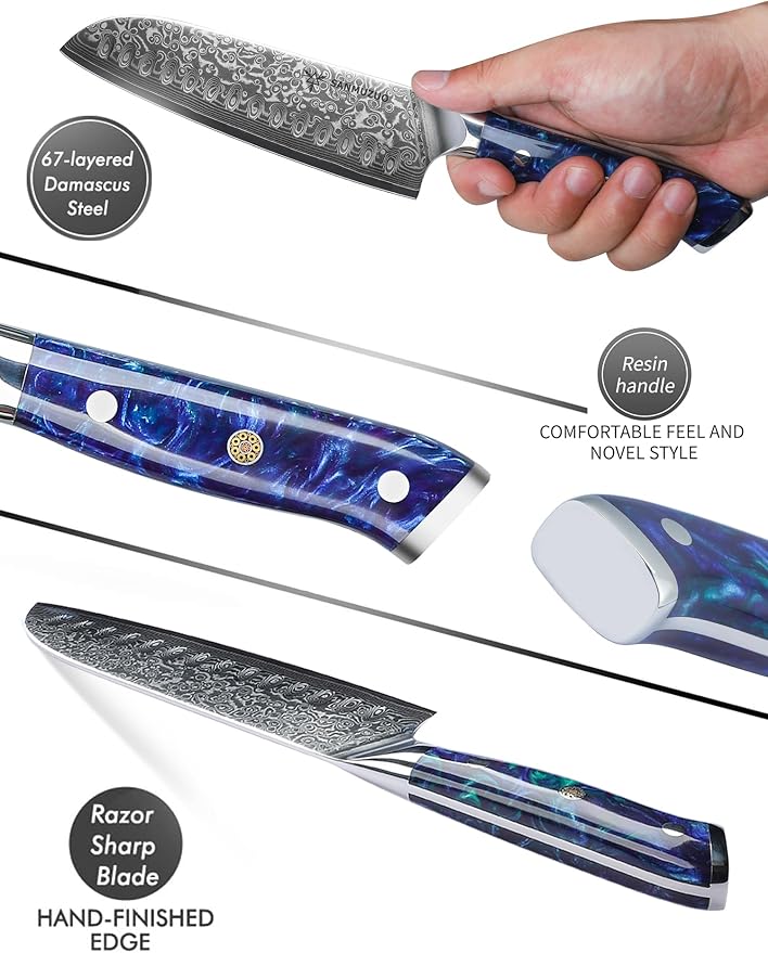 SANMUZUO Santoku Knife - 7 inch - Xuan Series - VG10 Damascus Steel Kitchen Knife - Resin Handle (Sapphire Blue)