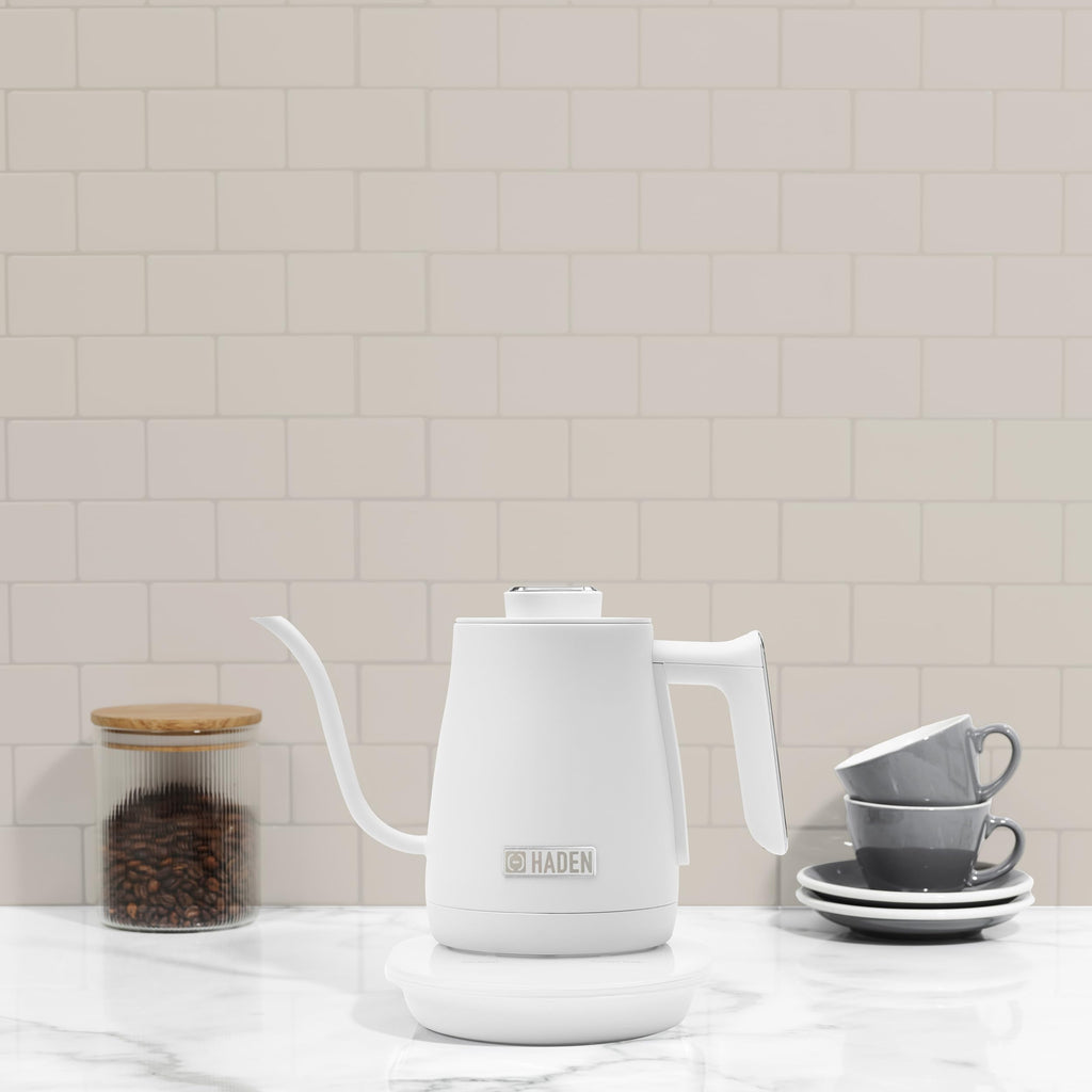 Haden 0.6-Liter Stainless Steel Electric Kettle, Gooseneck Hot Water Kettle with 360-Degree Base and Auto Shutoff, Ivory & Chrome