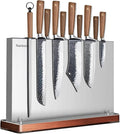 Magnetic Knife Block Stand Without Knives Double Sided Magnetic Knife Holder Rack for Kitchen Counter Stainless Steel Knife Magnetic Strip Display Stand Storage Organizer with Wood Base