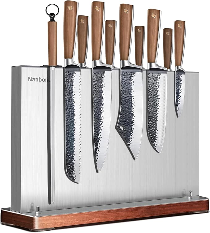 Magnetic Knife Block Stand Without Knives Double Sided Magnetic Knife Holder Rack for Kitchen Counter Stainless Steel Knife Magnetic Strip Display Stand Storage Organizer with Wood Base