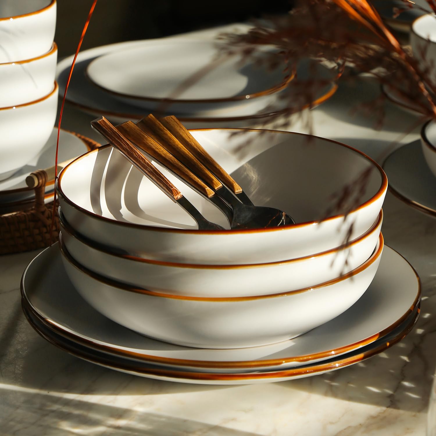 Stone Lain Brasa Stoneware 16 Piece Modern Dinnerware Sets, Plates and Bowls Service for 4, White, Microwave & Dishwasher Safe
