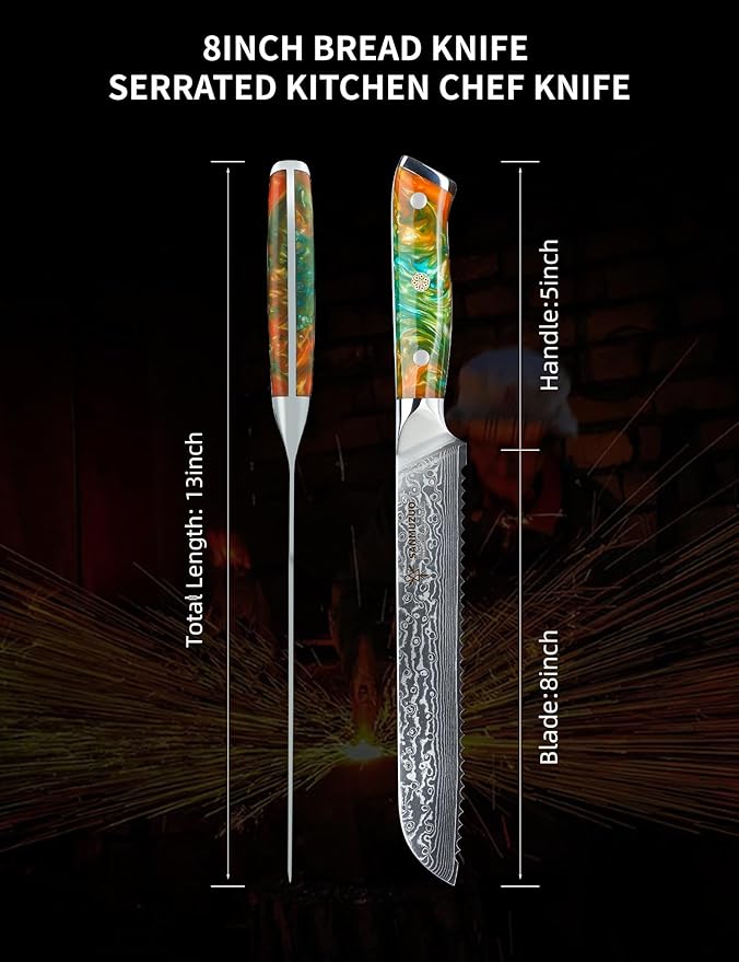 SANMUZUO 8” Bread Knife Serrated Kitchen Chef Knife - Damascus Steel & Resin Handle - Xuan Series(Fantasy Orange)