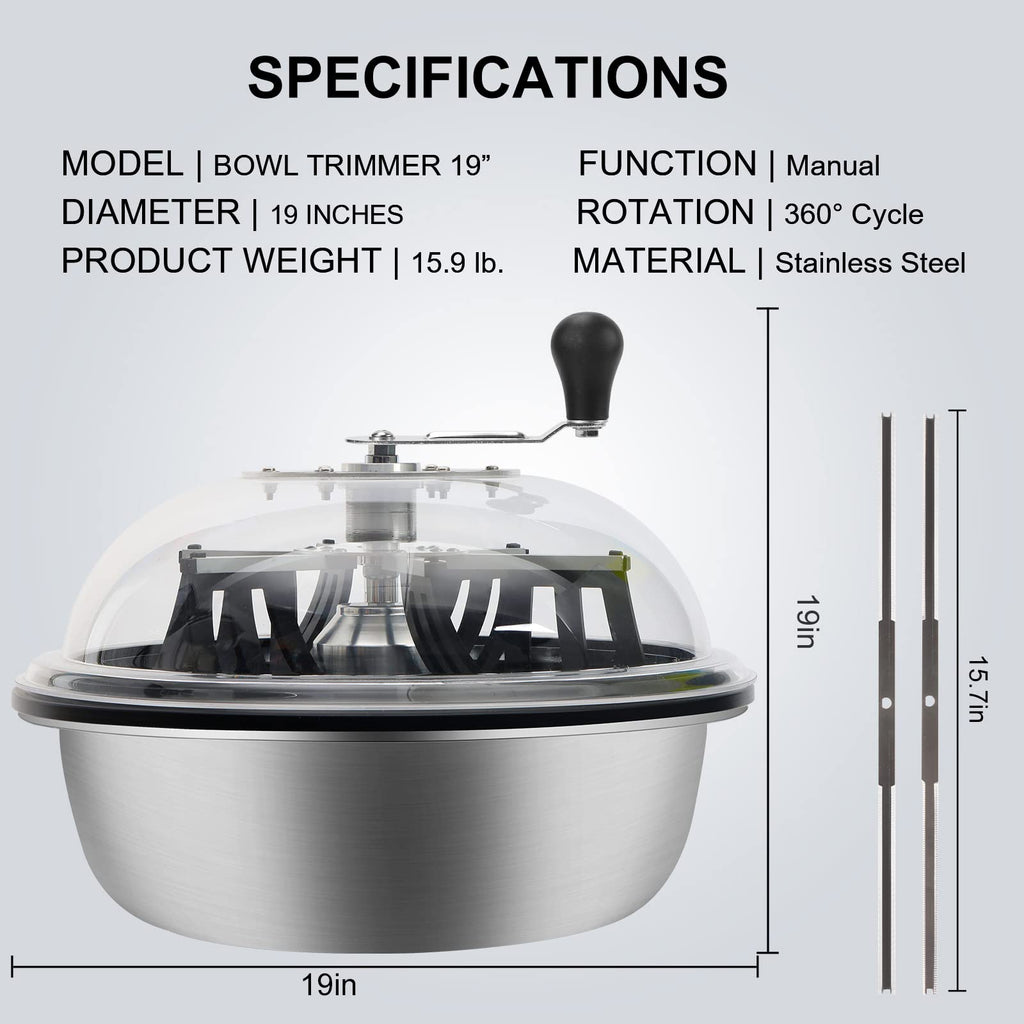 MELONFARM 19 inch Bud Leaf Bowl Trimmer, Bud Bowl Trimmer with Switchable Stainless Steel Blades & Clear Visibility Dome, Hand Twist Spin Cutting Bud Trimmer for Buds, Flowers, Hydroponics Plants