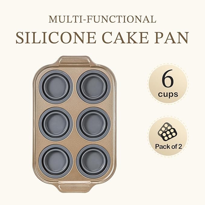 LCKitchen 2-Pack Foldable Nonstick Silicone Baking Pans, 6 Cups for Baking Muffins, Egg Bite, Brownies. Easy to pop and clean. Dishwasher Safe BPA Free.