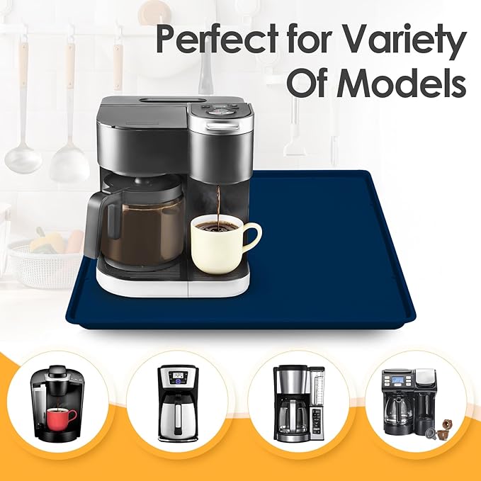 Silicone Coffee Maker Mat with Lip for Countertops, 19.7'' x 15'' Navy Blue