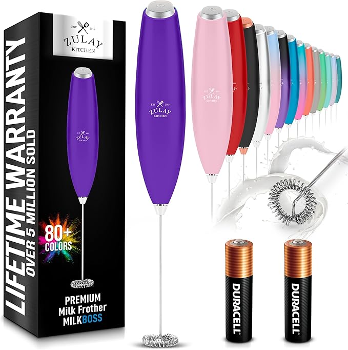 Zulay Powerful Milk Frother for Coffee with Upgraded Titanium Motor - Handheld Electric Whisk, Milk Foamer, Mini Mixer & Coffee Blender for Frappe, Latte, Matcha, No Stand - Lush Purple