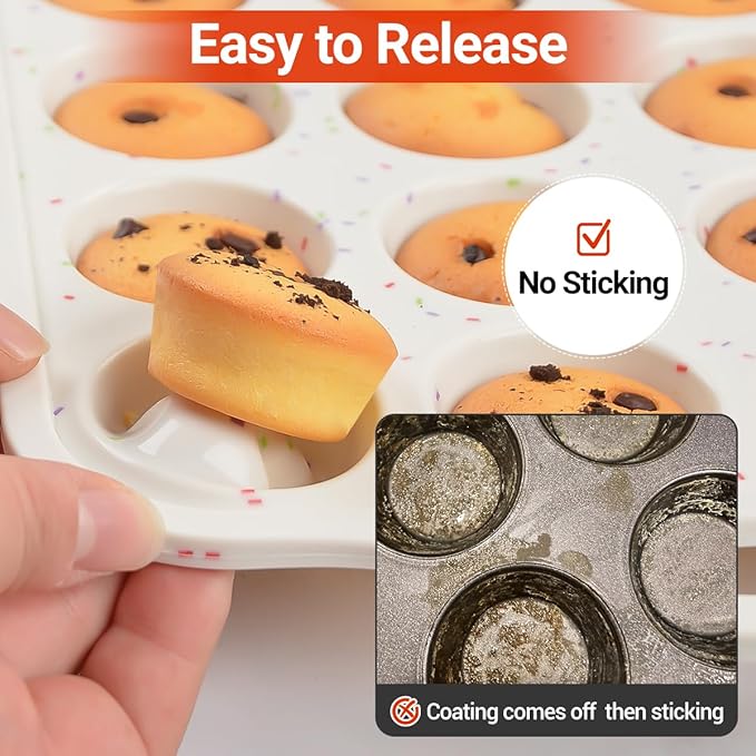 CAKETIME Mini Cupcake Pans, Metal Reinforced Frame Silicone Mini Muffin Pan Nonstick 24 Cups Easy to Handle for Baking Muffins, Cupcakes, Egg Bites 1 Pack