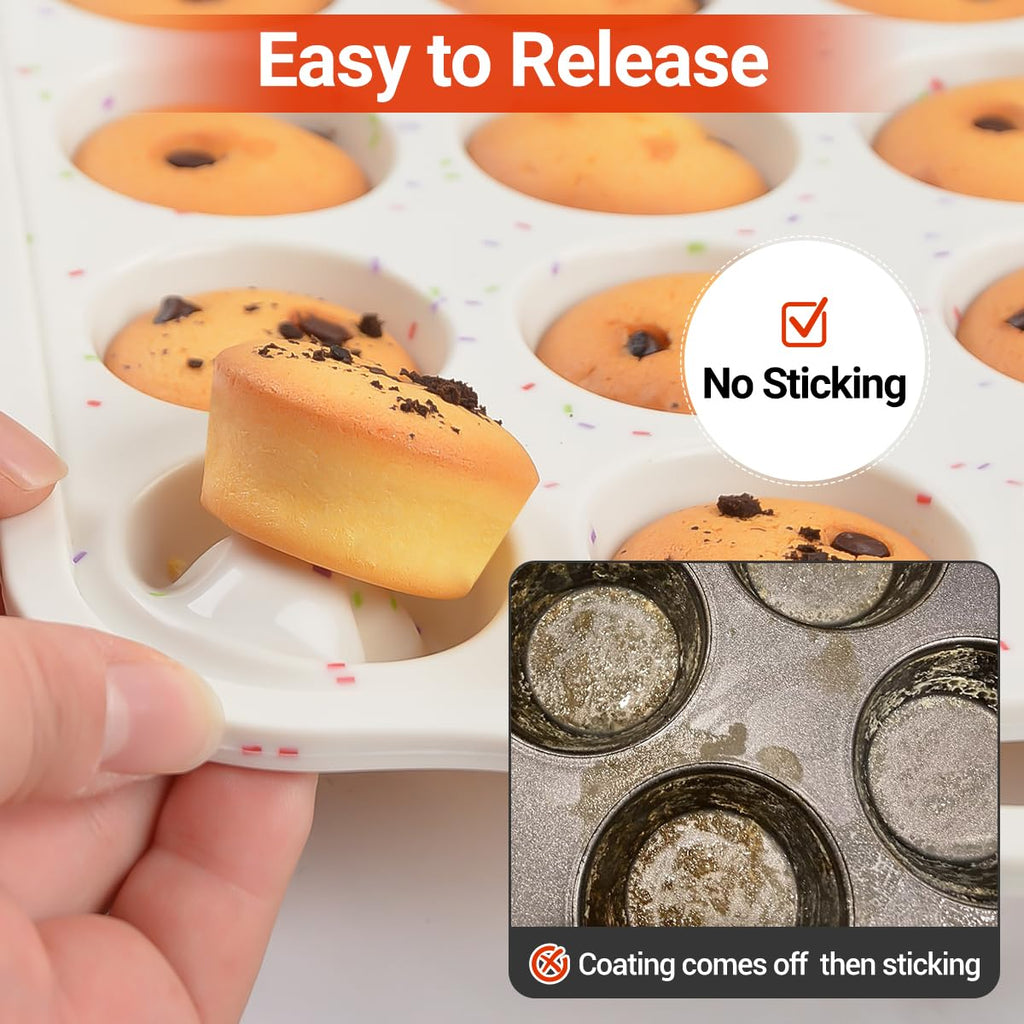 CAKETIME Silicone Muffin Pans for Baking, Metal Reinforced Frame Regular 12 Cups & Mini 24 Cups Cupcake Pan Set Nonstick Muffin Pan for Homemade Baking Easy to Handle
