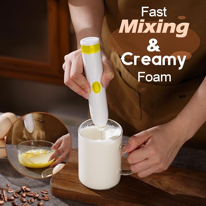 Milk Frother Handheld Rechargeable,Hand Mixer Electric Whisk with 2 Speeds,Drink Mixer Coffee Frother With 2 Stainless Steel Whisks for Coffee, Matcha, Lattes, Cappuccino,Egg,No Stand,Yellow