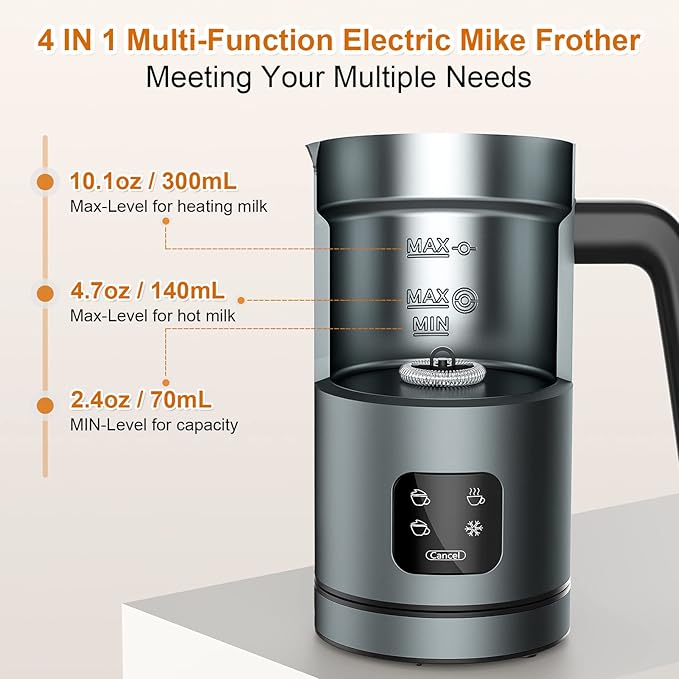 Milk Frother Electric, 4 IN 1 Warm and Cold Milk Steamer for Coffee Latte