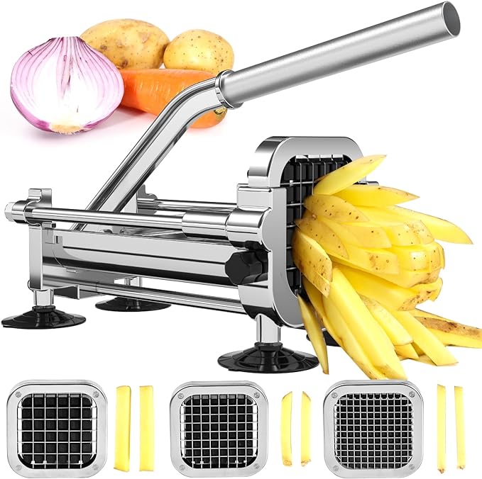Befano French Fry Cutter, Stainless Steel Potato Cutter with 1/2 Inch, 3/8 Inch and 1/4 Inch Blades (Manual Cutter, 1/2 '' & 3/8 '' & 1/4 '' Blade)