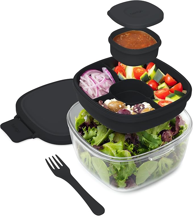 Bentgo Glass Salad Container - 7.6-Cup Salad Bowl with Airtight Lid, Leak-Proof Sauce Container, 4-Compartment Bento Tray & Reusable Fork - BPA-Free for Meal Prep, Office & More (Black Onyx)