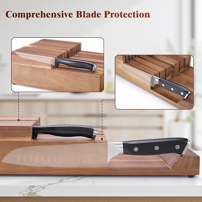 Acacomft In-Drawer Knife Block, Acacia Wood Kitchen Knife Drawer Organizer, Knife Holder without Knives For Up to 12 Knives Steak Knife Chef Knife