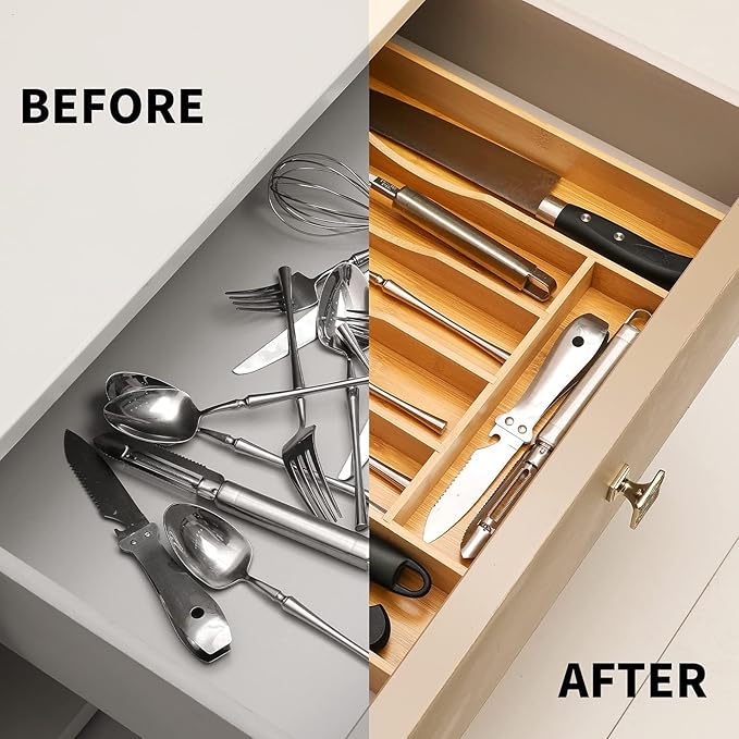 oridom 2-Piece Bamboo Silverware Organizer, Expandable Kitchen Drawer Organizer for Cutlery and Utensils, Multifunction Adjustable Bamboo Wood Cutlery Tray in Drawer for Flatware, (Natural)