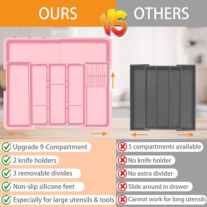Homecor Utensil Drawer Organizer for Kitchen, Expandable Silverware Organizer Cooking Utensils Tray, Large Cutlery and Flatware Holder, Kitchen Tools & Gadgets Storage (Pink)