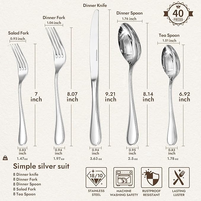 18/10 Stainless Steel Silverware Set for 8, 40 Piece Teardrop Flatware Set