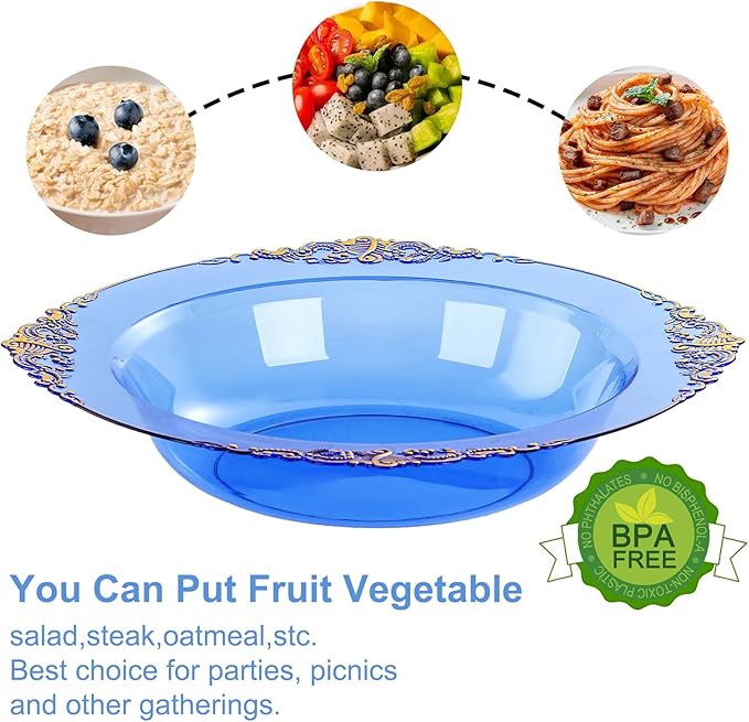 Nervure 50PCS Blue Plastic Bowls with Gold Rim - 12oz Disposable Soup Bowls