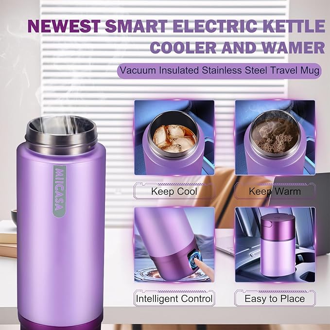 Vacuum Insulated Portable Electric Kettle,Miicasa Stainless Steel Tumbler Small Electric Kettel,Travel Water Boiler with 6 Temperature and Auto Shut-Off Boil Dry,16oz