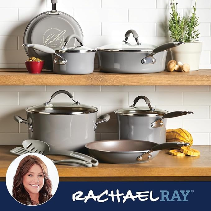 Rachael Ray Cucina Nonstick Cookware, Sea Salt Gray Pots and Pans Set, 12-Piece