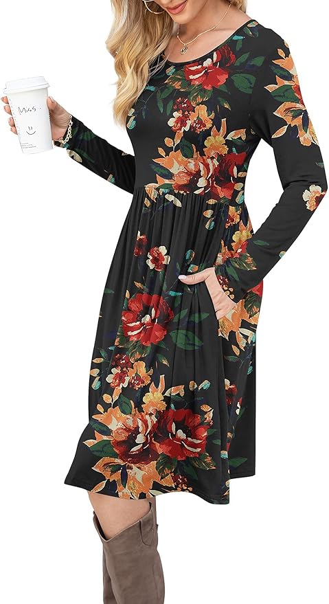 DB MOON Women Casual Long Sleeve Dresses Empire Waist Loose Dress with Pockets (Brown Floral Black, XL)