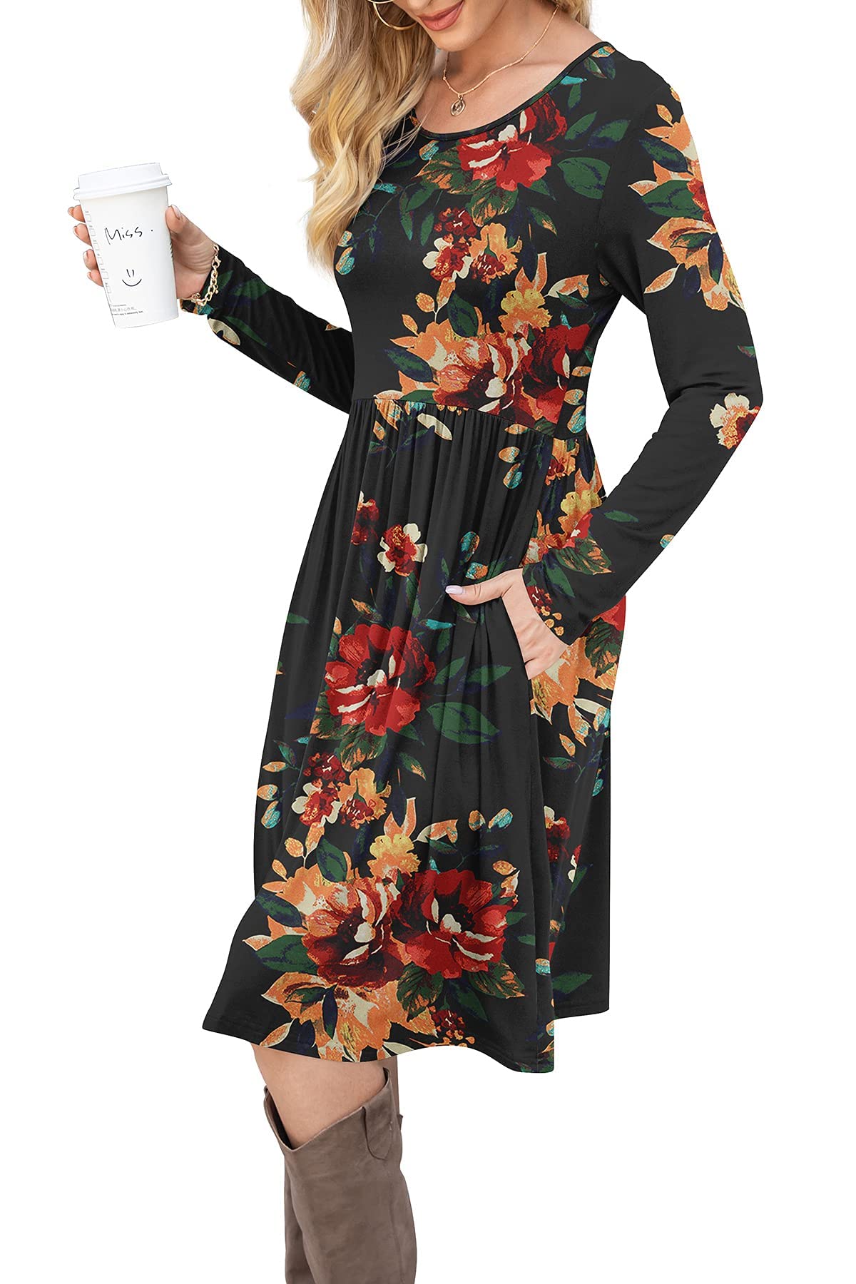DB MOON Women Casual Long Sleeve Dresses Empire Waist Loose Dress with Pockets (Brown Floral Black, XL)