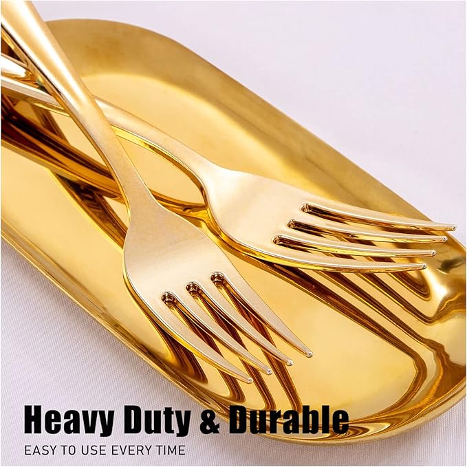 WDF300 Pieces Gold Plastic Silverware - Heavy Duty Disposable Cutlery Set Plastic Gold Silverware Set Includes 100 Forks, 100 Spoons, 100 Knives for Party/Baby Shower/Wedding/Birthday