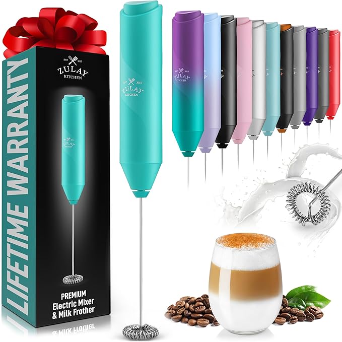 Zulay Kitchen Powerful Milk Frother Wand - Handheld Stainless Steel - Battery Operated Drink Mixer for Coffee, Lattes, Cappuccino, Matcha - Froth Mate Frother Gift - Cool Tide