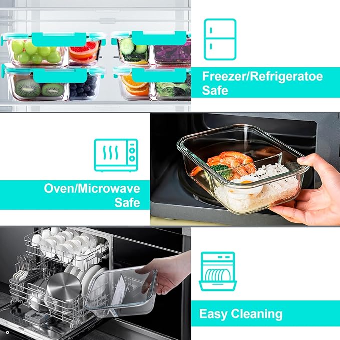VERONES 5 PACK 36 OZ Glass Food Storage Containers 2 Compartment Set, Green