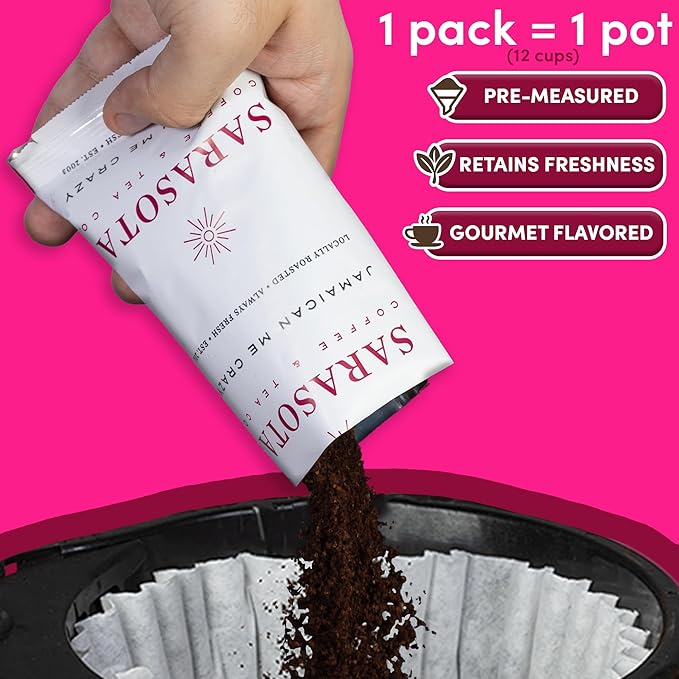 Coffee Packets – Bulk Jamaican Me Crazy Coffee Fractional Packs | Gourmet Flavored 1.75 oz Single-Pot Pouches for 12 Cup Brewers | Low Acid Mold Free Assorted Sampler Box, 100 Count – Sarasota
