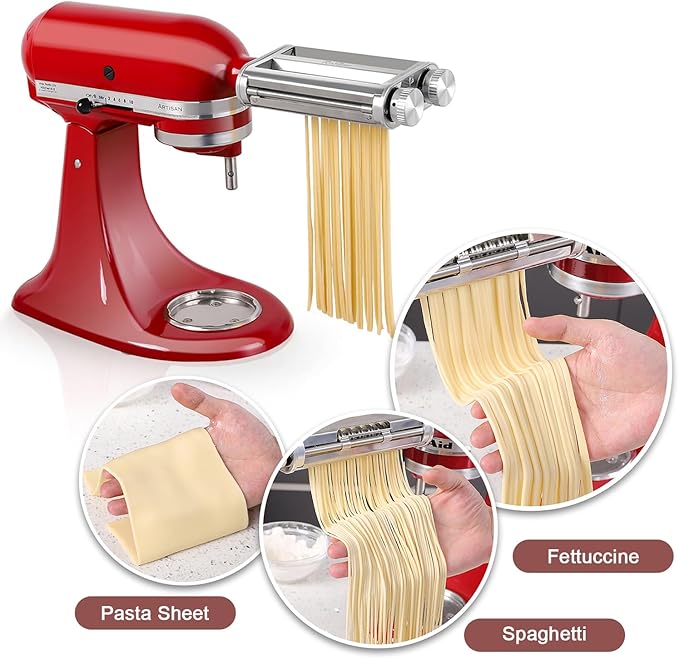 Pasta Maker Attachment for KitchenAid Mixer, 3-in-1 Metal Roller & Cutter
