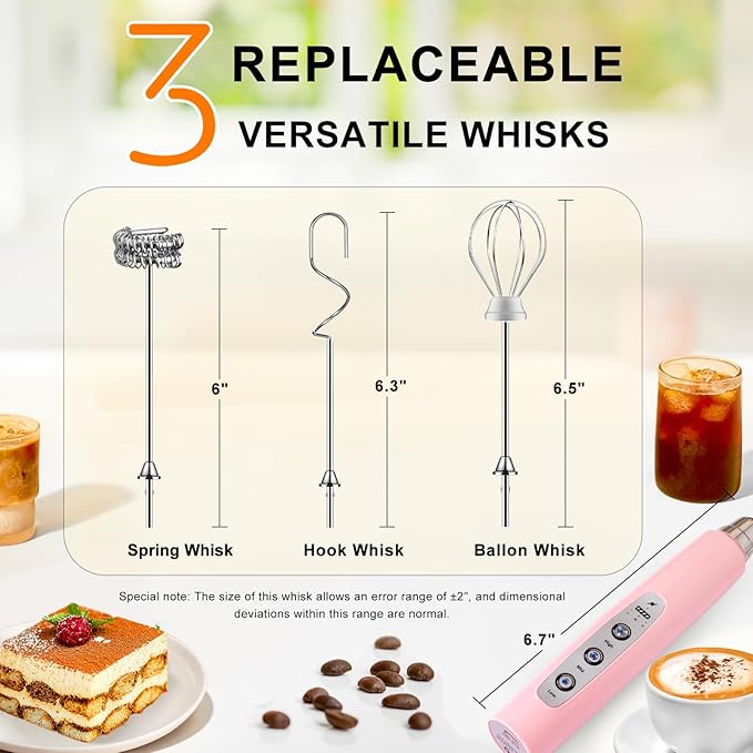 YUSWKO Handheld Milk Frother Wand for Coffee, Rechargeable Electric Whisk with 3 Heads 3 Speeds Drink Mixer Coffee Frother For Latte, Cappuccino, Hot Chocolate, Egg, Pink